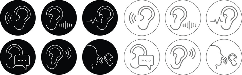 Hearing and Listening Icon set represents communication, sound awareness, modern minimal, design. This features an ear combined with sound waves, symbolizing hearing ability, active, and audio clarity