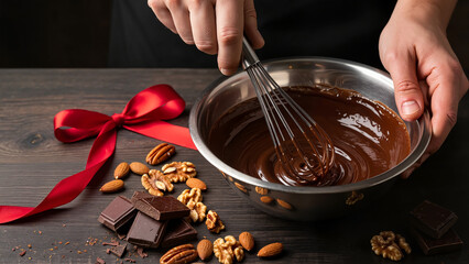 Preparing liquid chocolate for Christmas treats, ideal for culinary marketing and festive baking inspiration