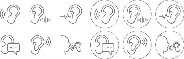 Hearing and Listening Icon set represents communication, sound awareness, modern minimal, design. This features an ear combined with sound waves, symbolizing hearing ability, active, and audio clarity