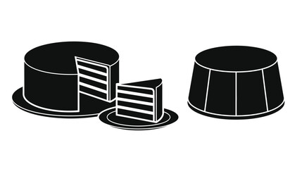 Black and white illustration of two cakes one sliced on plates