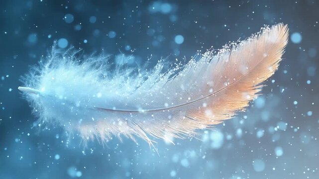 Delicate feather floating in a serene snowstorm backdrop