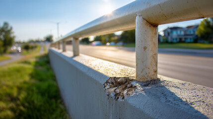 Crumbling metal railing with rust damage in bright sunlight
