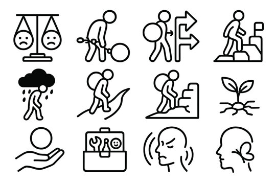 Icons of Life's Challenges. Life Burden Icons linear set: worry scale, responsibility chain, crossroads weight, challenge stones, setback cloud, burdened path, resilience sprout,