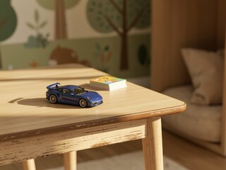 Empty children’s desk mockup in primary school boy bedroom, clean wooden table top with minimal decor, bright and playful Scandinavian kids room background, perfect for stationery and toy product plac