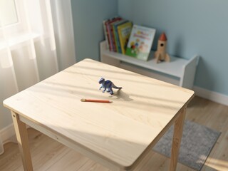 Empty children’s desk mockup in primary school boy bedroom, clean wooden table top with minimal decor, bright and playful Scandinavian kids room background, perfect for stationery and toy product plac