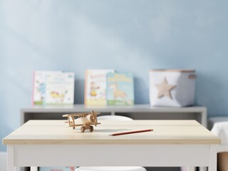 Empty children’s desk mockup in primary school boy bedroom, clean wooden table top with minimal decor, bright and playful Scandinavian kids room background, perfect for stationery and toy product plac