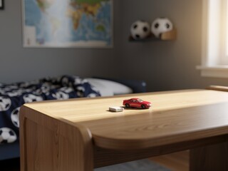 Empty children’s desk mockup in primary school boy bedroom, clean wooden table top with minimal decor, bright and playful Scandinavian kids room background, perfect for stationery and toy product plac