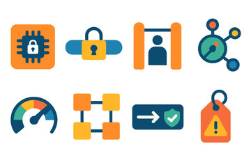 ICS Security Icons. ICS security measures flat set: hardened controller tile, encrypted link bar, access gate icon, threat detection node, resilience gauge, segmentation panel,