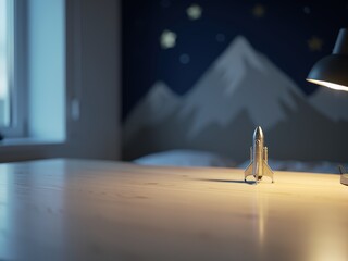 Empty children’s desk mockup in primary school boy bedroom, clean wooden table top with minimal decor, bright and playful Scandinavian kids room background, perfect for stationery and toy product plac