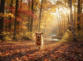 Golden retriever dog running through colorful autumn forest with warm sunlight shining, joyful pet enjoying fall season outdoors in nature with vibrant leaves covering ground