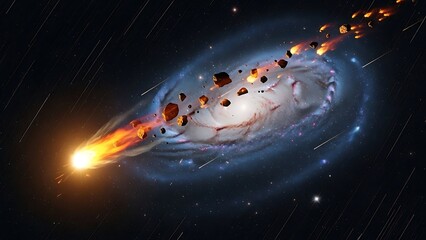 Stunning cosmic disaster unfolds as fiery asteroid shower streaks past a distant spiral galaxy in deep space