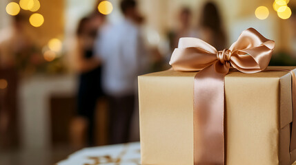 A gift wrapped in gold paper tied with a gold ribbon awaits its recipient at a joyous event, hinting at celebration, connection, and shared moments with loved ones.