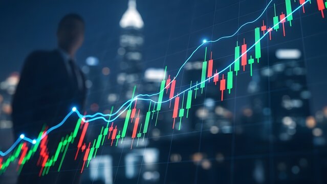 Financial data analysis overlooking city skyline with rising trends - Powered by Adobe