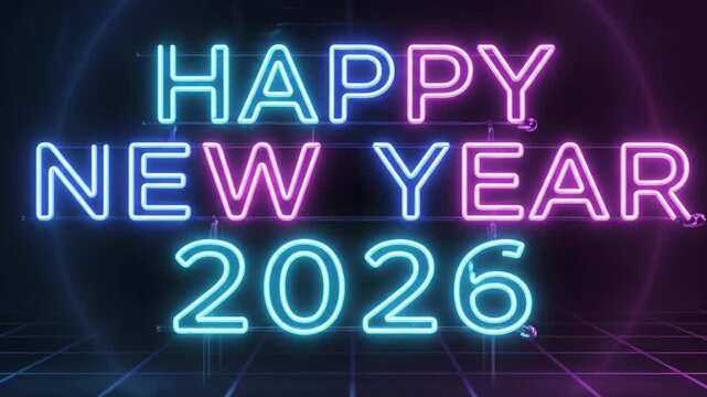 Happy New Year 2026 neon sign Glowing text with blue and pink light bulbs. Futuristic celebration for greeting card or banner template.