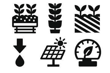 Urban Agriculture Icons. Metropolitan Agriculture Design silhouette set: rooftop garden tile, vertical planter module, urban farm plot, drip irrigation arrow, solar grow panel,