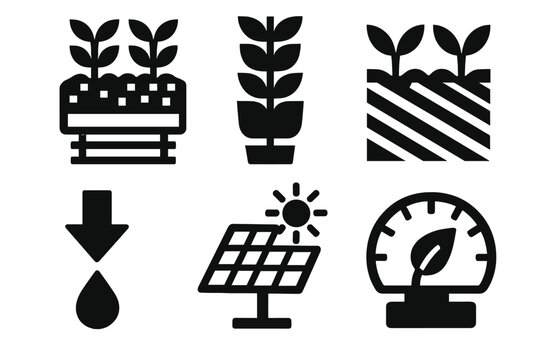 Urban Agriculture Icons. Metropolitan Agriculture Design silhouette set: rooftop garden tile, vertical planter module, urban farm plot, drip irrigation arrow, solar grow panel,