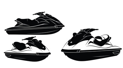Black and white illustration of three jet skis in varying designs