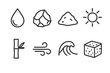Fototapeta premium Essential Earth Icons. Essential Earth Materials linear set: clean water drop, iron ore chunk, clay mound, sun energy ray, bamboo stalk, wind current arrow, ocean wave, peat block.
