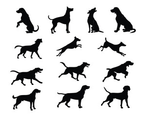 A graphic illustration featuring a variety of dog breeds depicted as black silhouettes in dynamic and static poses