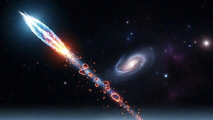 Stunning cosmic event shows a fiery meteoroid disintegrating across the dark expanse near a distant spiral galaxy