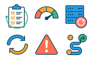 Operational Continuity Icons. Operational Continuity Readiness Set flat set: continuity plan, risk gauge, backup server, workflow arrows, alert icon, recovery path.