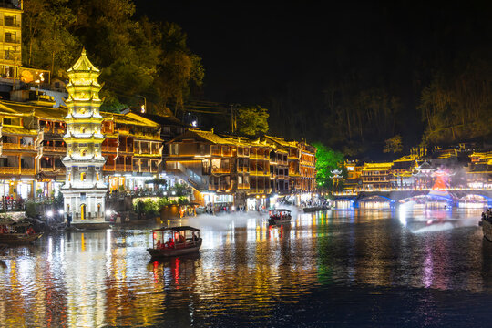 Fenghuang, Hunan, China. 11-02-2024. View of Fenghuang city at night with illuminations. Hunan, China.