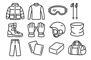 Winter Sports Icons. Winter Sports Gear linear set: insulated ski jacket, thermal base layer, snow goggles, ski poles, snowboard boots, insulated gloves, ski helmet, neck warmer,