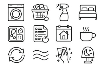 Home Routine Icons. Home Routine Icons linear set: dish cycle, laundry basket, cleaning spray, tidy bed icon, meal prep container, grocery list, home schedule board, evening cup,