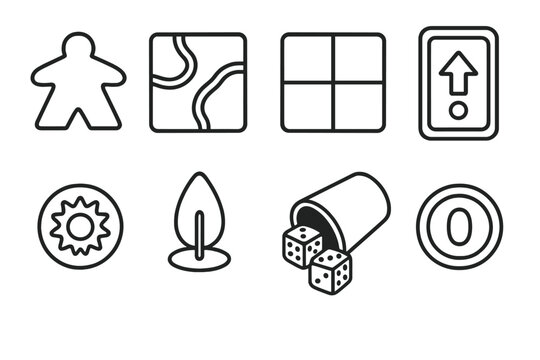 Tabletop Gaming Elements. Tabletop Game Set linear set: meeple figure, tile piece, modular board panel, action card, resource token, turn-order marker, dice cup, point counter.