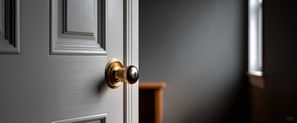 Close-up of a white paneled door with a brass doorknob partially open revealing a dimly lit interior space with soft natural light from a window