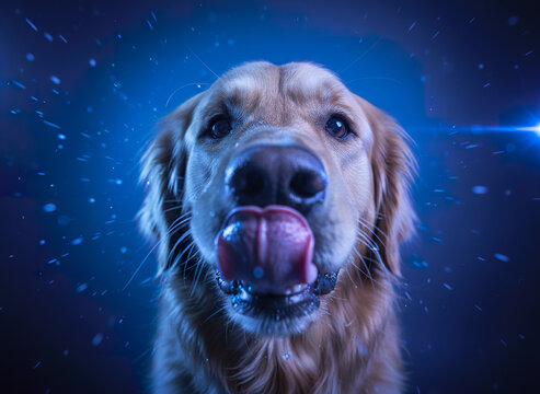 Golden retriever dog licking camera with tongue close up portrait in vibrant blue studio light with water droplets and playful expression