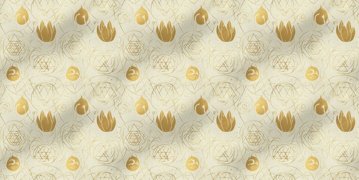 Elegant seamless pattern featuring sacred Indian symbols, including the Om sign and lotus, with subtle golden outlines.