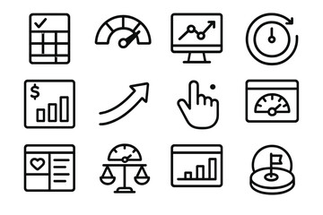 Innovative Finance Icons. Personal Finance Innovation linear set: smart budget tile, adaptive savings gauge, automated investing node, expense insight bar, goal-tracking ring,