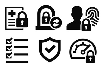 Health Data Icons. Health Data Sharing Framework silhouette set: secure EHR segment, controlled-access gateway, encrypted sync arrow, privacy-first identifier, compliant audit