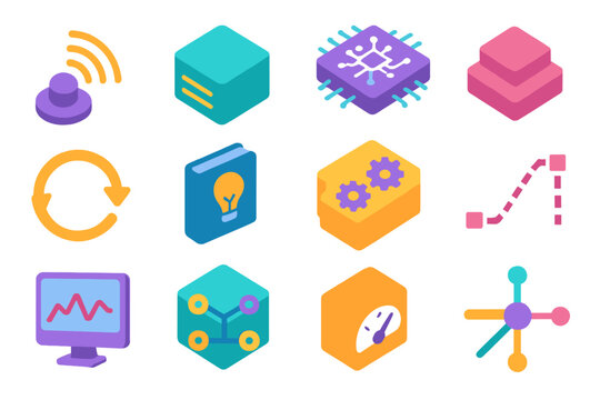 System Architecture Icons. Intelligent System Architecture isometric flat set: sensor input node, data preprocessing block, feature extraction tile, model core unit, decision layer