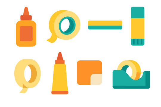Colorful Adhesive Icons. Adhesives and tapes flat set: glue bottle, roll of clear tape, double-sided strip, craft glue stick, masking tape roll, adhesive tube, peel-off tab, tape