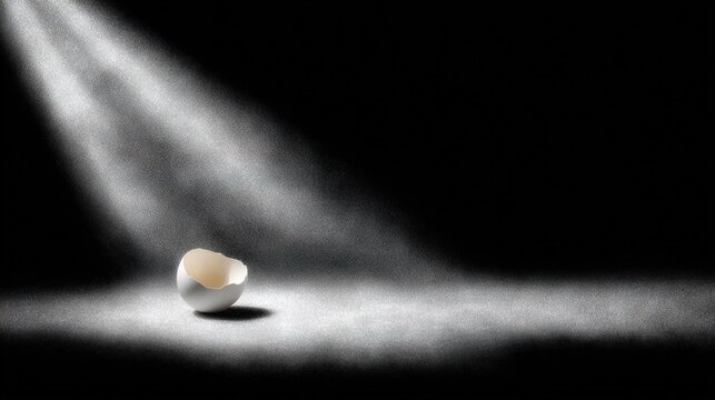   An egg resting in a dim room with a beam emanating from its peak