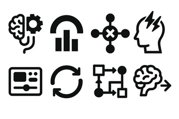 Fototapeta premium Brutalist Icon Set. Cognitive–machine collaboration silhouette set: neural bridge tile, processing arc bar, signal fusion node, thought pulse, interface panel, synergy ring, logic