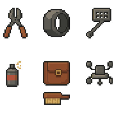 Infrastructure Repair Icons. Infrastructure Fix Kit pixel style set: cable splicer, pipe seal ring, masonry tool, grid cover key, marker spray, repair pouch, sturdy brush, service