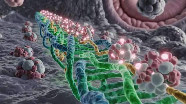 Viral genome replication, with strands of nucleic acid copying themselves in parallel glowing sequences. Enzymes surrounding the strands pulse softly as they assist in replication