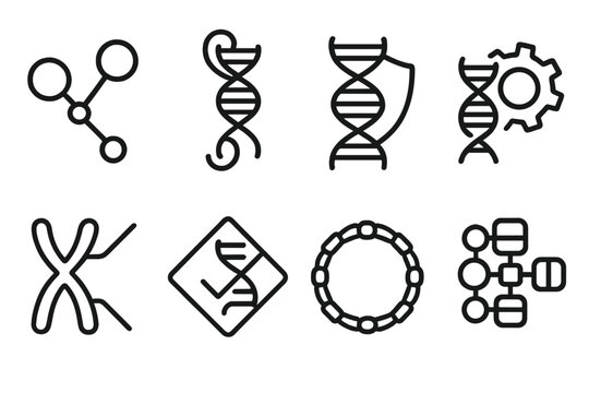 Genomic Icon Set. Hereditary stability structures linear set: repair node, chromatin anchor, telomere shield, helicase gear, replication arm, base checkpoint, scaffold ring, genome