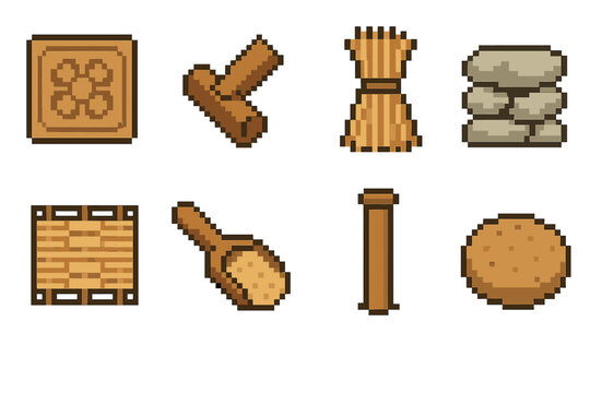 Heritage Construction Icons. Heritage construction techniques set of icons in flat pixel vector style: clay stamp mold, wooden dowel joint, bundled thatch, stacked stone layer,