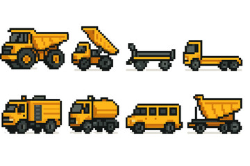 Obraz premium Transport Equipment Icons. Site Transport Equipment set of icons in flat pixel vector style: articulated hauler, compact dump unit, conveyor-linked cart, lowbed carrier,