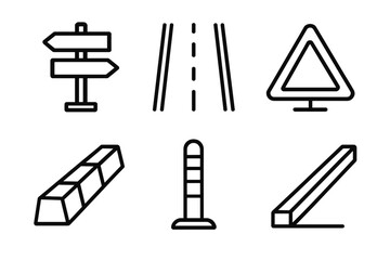 Fototapeta premium Street Icon Designs. Street Infrastructure Icons linear set: direction sign, road stripe, warning triangle, curb stone, traffic beacon, pathway edge.