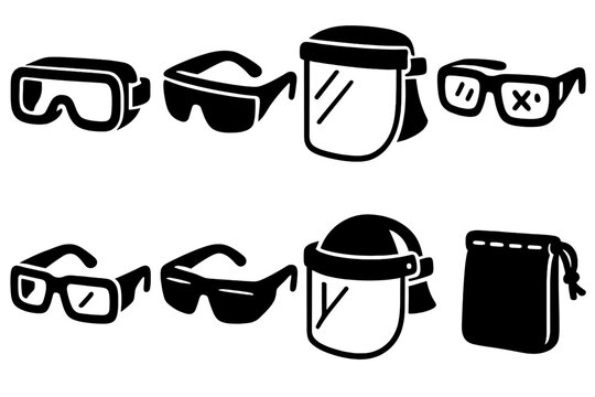 Bold Safety Eyewear Icons. Protective eyewear silhouette set: safety goggles, wraparound glasses, face shield, anti-fog lens, side-shield frame, tinted safety lens,