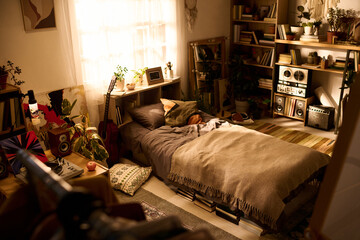 Cozy bedroom interior featuring single bed with pillows and blanket, bookshelves filled with books, houseplants, acoustic guitar, vintage stereo system, sunlight streaming through window © pressmaster