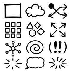 Creative Icons Sketchboard. Visual Brainstorming Icons linear set: sketchboard frame, doodle cloud, pattern nodes, design arrows, concept tiles, shape cluster, creative grid,