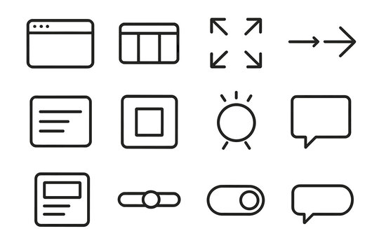 Design Icon Elements. Design Prototype Themes linear set: outline screen, panel module, spacing markers, arrow connector, text box, block element, interaction hotspot, popover