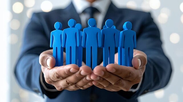 Man Holds Blue Figurines Representing Team in Suit with Blurred Background Teamwork Symbolism