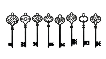 An assortment of vintage skeleton keys displayed in a horizontal arrangement